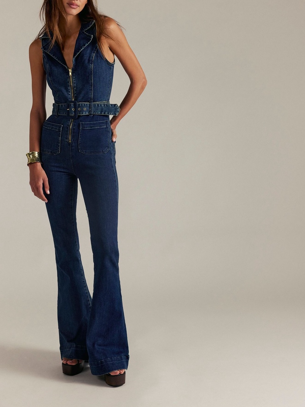 Show Me Your MuMu Jacksonville Dark Blue Denim Flare Jumpsuit Jean